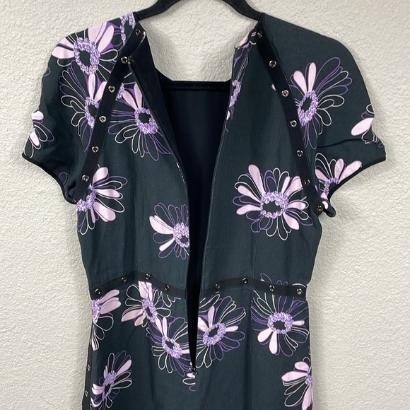 Giamba Floral Studded Grommet Mini Dress Short Sleeve Curves Hem Black Purple L - Picture 5 of 14
